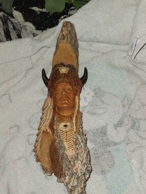Native Chief Wall Accent with Horned Headdress - Brown